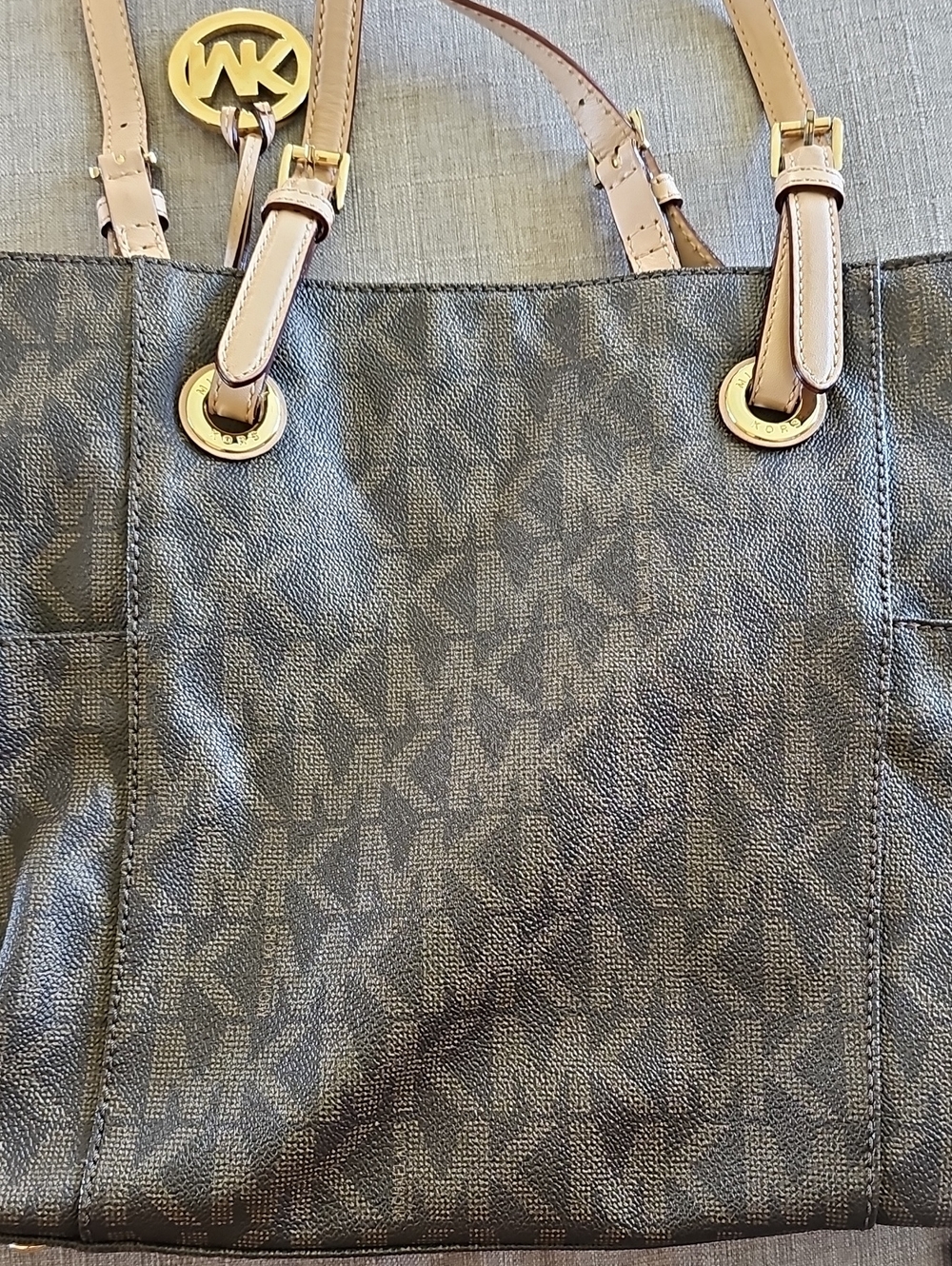 Michael Kors Dark Brown Signature Logo Tote with Tan Straps